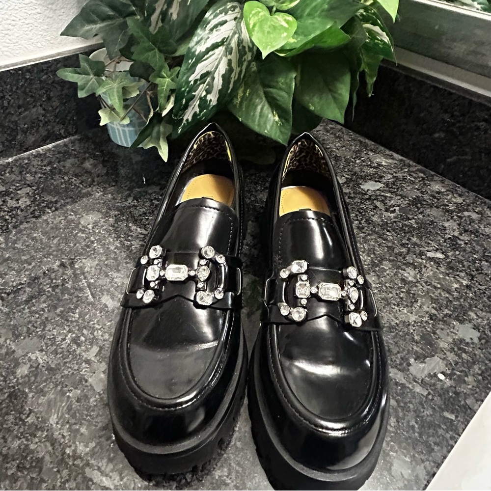 Nine West Black Loafers with Crystal Buckle